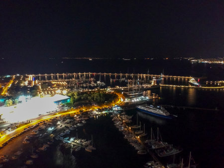 Aerial view over Marina at Flisvos in Athens city, Greece at nightのeditorial素材
