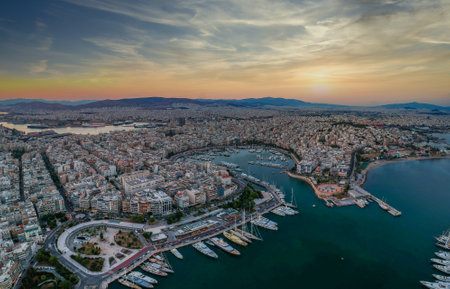 Aerial panorama view over Marina Zeas, Peiraeus, Greece at sunsetのeditorial素材