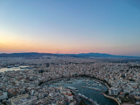 Aerial panorama view over the famous Marina Zeas, Peiraeus at sunset. Marina Zeas is a small crowded...