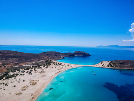 Aerial view of Simos beach in Elafonisos island in Greece. Elafonisos is a small Greek island the Peloponnese with idyllic exotic beaches and crystal clear waters. Laconia, Greece, Europeの写真素材