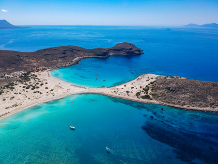 Aerial view of Simos beach in Elafonisos island in Greece. Elafonisos is a small Greek island the Peloponnese with idyllic exotic beaches and crystal clear waters. Laconia, Greece, Europeの写真素材