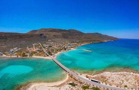 Aerial view over Diakofti town during a hot Summer day in Kythera island, Greece, Europeの写真素材