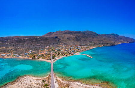 Aerial view over Diakofti town during a hot Summer day in Kythera island, Greece, Europeの写真素材