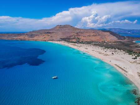 Aerial view of Simos beach in Elafonisos island in Greece. Elafonisos is a small Greek island the Peloponnese with idyllic exotic beaches and crystal clear waters. Laconia, Greece, Europeの写真素材
