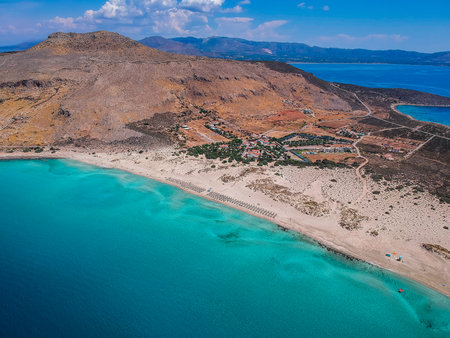 Aerial view of Simos beach in Elafonisos island in Greece. Elafonisos is a small Greek island the Peloponnese with idyllic exotic beaches and crystal clear waters. Laconia, Greece, Europeの写真素材