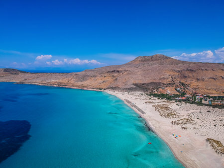 Aerial view of Simos beach in Elafonisos island in Greece. Elafonisos is a small Greek island the Peloponnese with idyllic exotic beaches and crystal clear waters. Laconia, Greece, Europeの写真素材