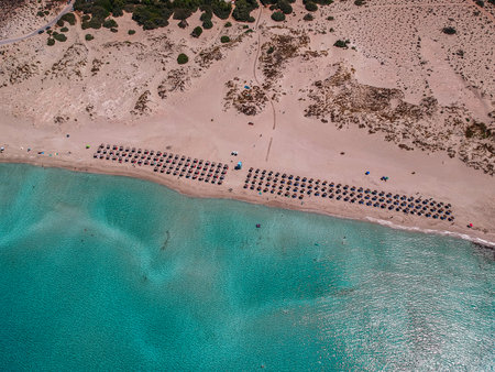 Aerial view of Simos beach in Elafonisos island in Greece. Elafonisos is a small Greek island the Peloponnese with idyllic exotic beaches and crystal clear waters. Laconia, Greece, Europeの写真素材