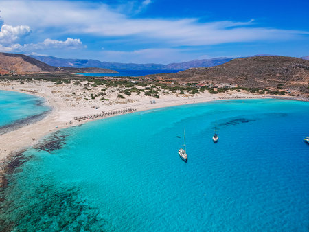 Aerial view of Simos beach in Elafonisos island in Greece. Elafonisos is a small Greek island the Peloponnese with idyllic exotic beaches and crystal clear waters. Laconia, Greece, Europeの写真素材