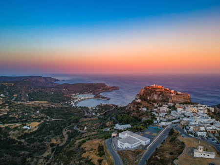 Breathtaking aerial panoramic view over Chora, Kythera by the Castle at sunset. Majestic scenery over Kythera island in Greece, Europe.の写真素材