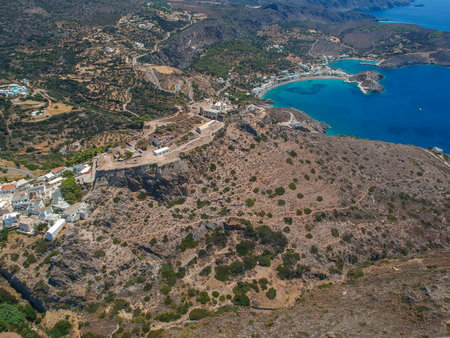 Breathtaking aerial panoramic view over Chora, Kythera by the Castle at sunset. Majestic scenery over Kythera island in Greece, Europe.の写真素材
