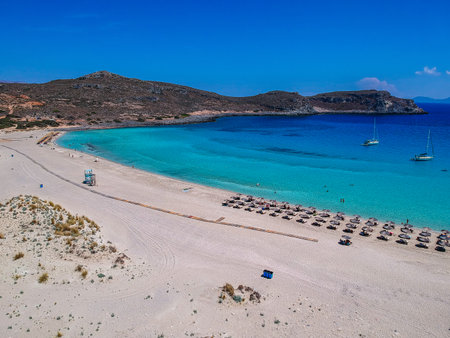 Aerial view of Simos beach in Elafonisos island in Greece. Elafonisos is a small Greek island the Peloponnese with idyllic exotic beaches and crystal clear waters. Laconia, Greece, Europeの写真素材