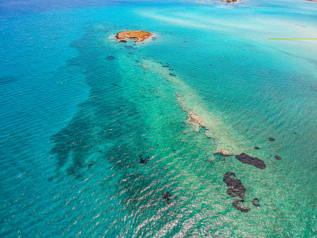 Iconic aerial view over the oldest submerged lost city of Pavlopetri in Laconia, Greece. About 5,000 years old Pavlipetri is the oldest city in the Mediterranean sea.の写真素材