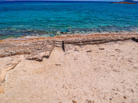 Iconic aerial view over the oldest submerged lost city of Pavlopetri in Laconia, Greece. About 5,000 years old Pavlipetri is the oldest city in the Mediterranean sea.の写真素材