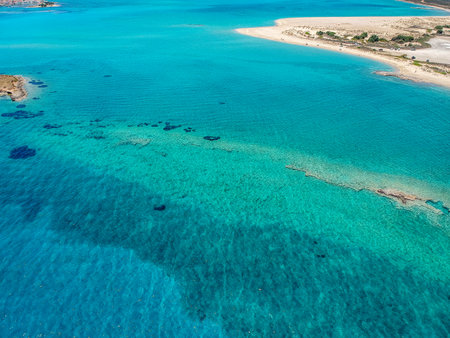 Iconic aerial view over the oldest submerged lost city of Pavlopetri in Laconia, Greece. About 5,000 years old Pavlipetri is the oldest city in the Mediterranean sea.の写真素材