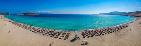 Aerial view of Simos beach in Elafonisos island in Greece. Elafonisos is a small Greek island the Peloponnese with idyllic exotic beaches and crystal clear waters. Laconia, Greece, Europeの写真素材