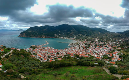 Dramatic winter scenery over the famous Skopelos town also known as chora in Skopelos island, Sporades, Greeceの写真素材