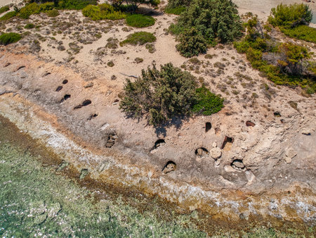 Iconic aerial view over the oldest submerged lost city of Pavlopetri in Laconia, Greece. About 5,000 years old Pavlipetri is the oldest city in the Mediterranean sea.の写真素材