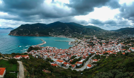 Dramatic winter scenery over the famous Skopelos town also known as chora in Skopelos island, Sporades, Greeceの写真素材