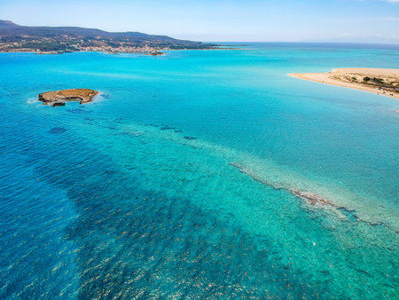 Iconic aerial view over the oldest submerged lost city of Pavlopetri in Laconia, Greece. About 5,000 years old Pavlipetri is the oldest city in the Mediterranean sea.の写真素材