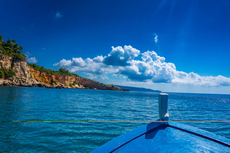 Seaside view of eastern Alonissos island near Spartines beach during boating. Alonissos island, Sporades, Greeceの写真素材