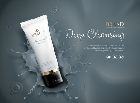 Volcanic mud skincare product dropping into mud in top view angle, 3d illustrationのイラスト素材