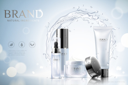 Moisturizing skincare ads with containers and swirling aqua effect on glittering blue background, 3d illustrationのイラスト素材