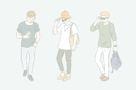Man in casual style, young men's fashion in hand drawn line and grey green toneのイラスト素材