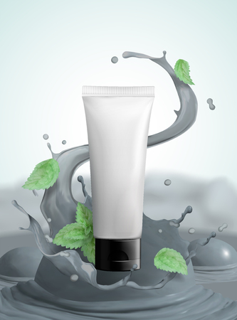 Skincare product with splashing mud and mint leaves in 3d illustrationのイラスト素材