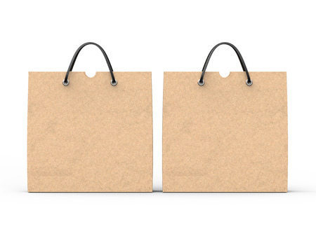 Two blank kraft paper bags mockup in 3d illustration on white backgroundの写真素材