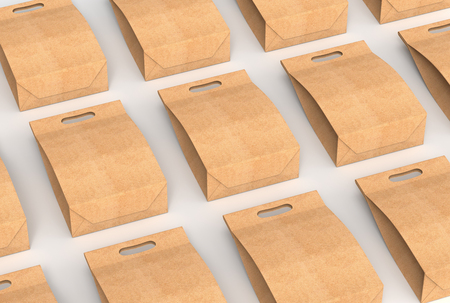 Blank kraft paper bags with handle laying down on floor in 3d rendering, elevated viewの写真素材