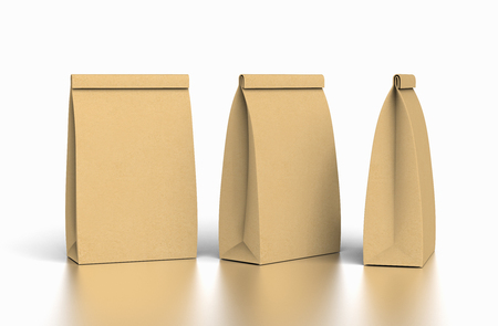 Kraft paper bags mockup, blank paper containers in 3d rendering on white backgroundの写真素材