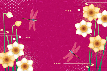 Narcissus and dragonflies fuchsia background with copy spaceのイラスト素材