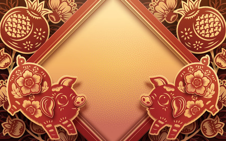 Lovely paper cut background with pig and pomegranate decorationsのイラスト素材