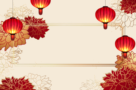 Elegant peony and lanterns beige background with copy spaceのイラスト素材