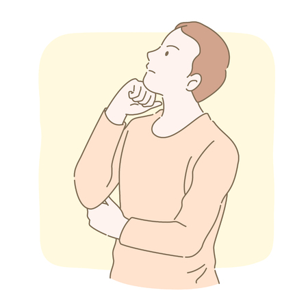 Man put his hand under his chin and thinking for a while in thin line styleのイラスト素材