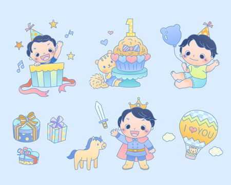Cute little boy playing toys in hand drawn line styleのイラスト素材