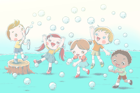 Cute children blowing bubbles and show happy expression on grasslandのイラスト素材