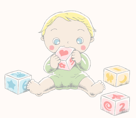 Lovely baby with toy blocks in line styleのイラスト素材