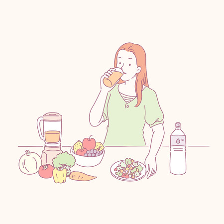 Lady drinking healthy juice and vegetables on the table in line styleのイラスト素材
