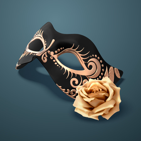 Embossed black mask with golden rose on peacock blue in 3d illustrationのイラスト素材