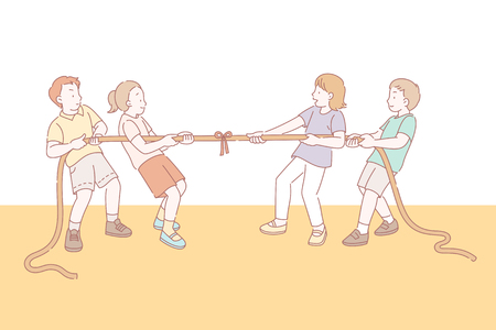 Kids playing tug of war in line styleのイラスト素材