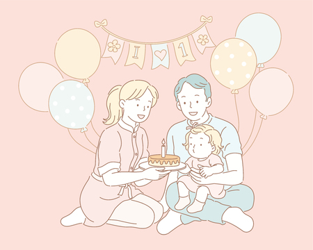Family celebrating birthday for baby in line style illustrationのイラスト素材
