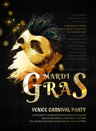 Mardi gras carnival party with golden mask and peacock feathers in 3d illustrationのイラスト素材