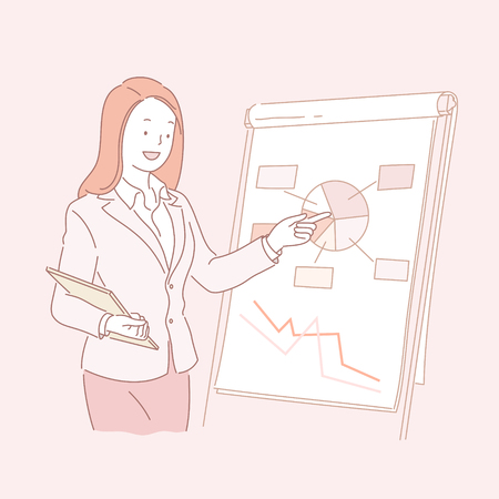 Business woman analyzing pie chart in line style illustrationのイラスト素材
