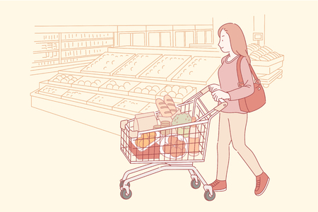 Woman shopping in the supermarket with market trolley in line styleのイラスト素材