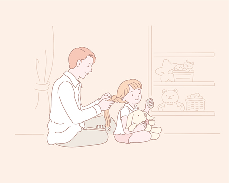 Man helps a little girl doing hair braiding in line style illustrationのイラスト素材