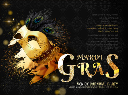 Mardi gras carnival party with golden mask and peacock feathers in 3d illustrationのイラスト素材