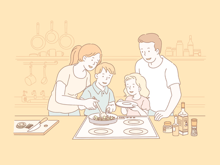 Family cookling together in the kitchen in line style illustrationのイラスト素材
