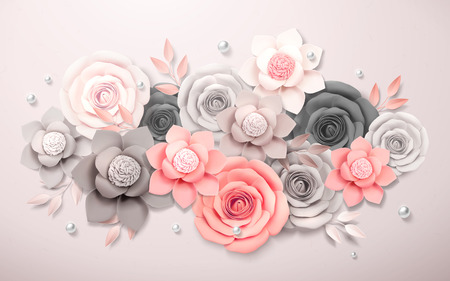 Elegant paper flowers boutique in grey and pink, 3d illustrationのイラスト素材