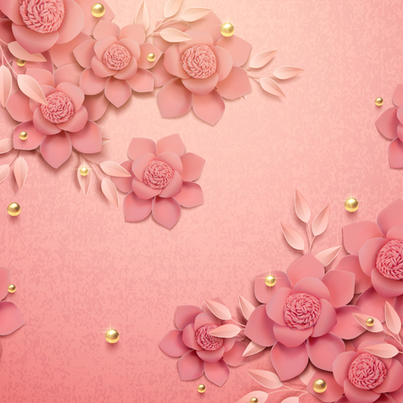 Romantic paper flowers and golden beads background in 3d illustrationのイラスト素材